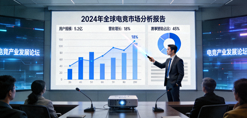 电竞行业分析师在大型会议中展示市场数据图表