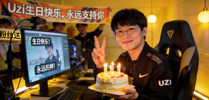 明星选手Uzi在个人直播间与粉丝互动庆祝生日